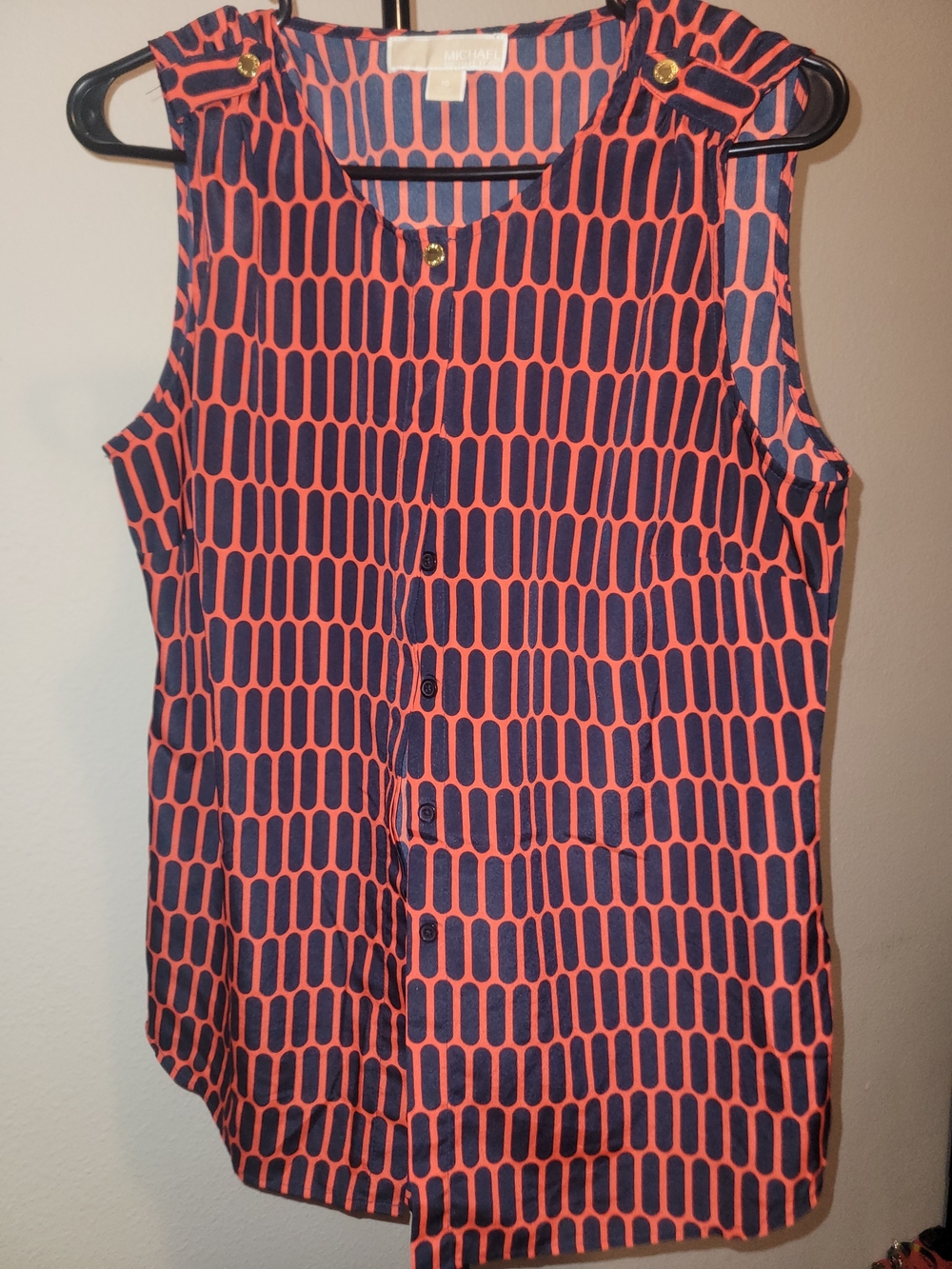 Michael Kors Navy and Coral Geometric Sleeveless Button-Front Top